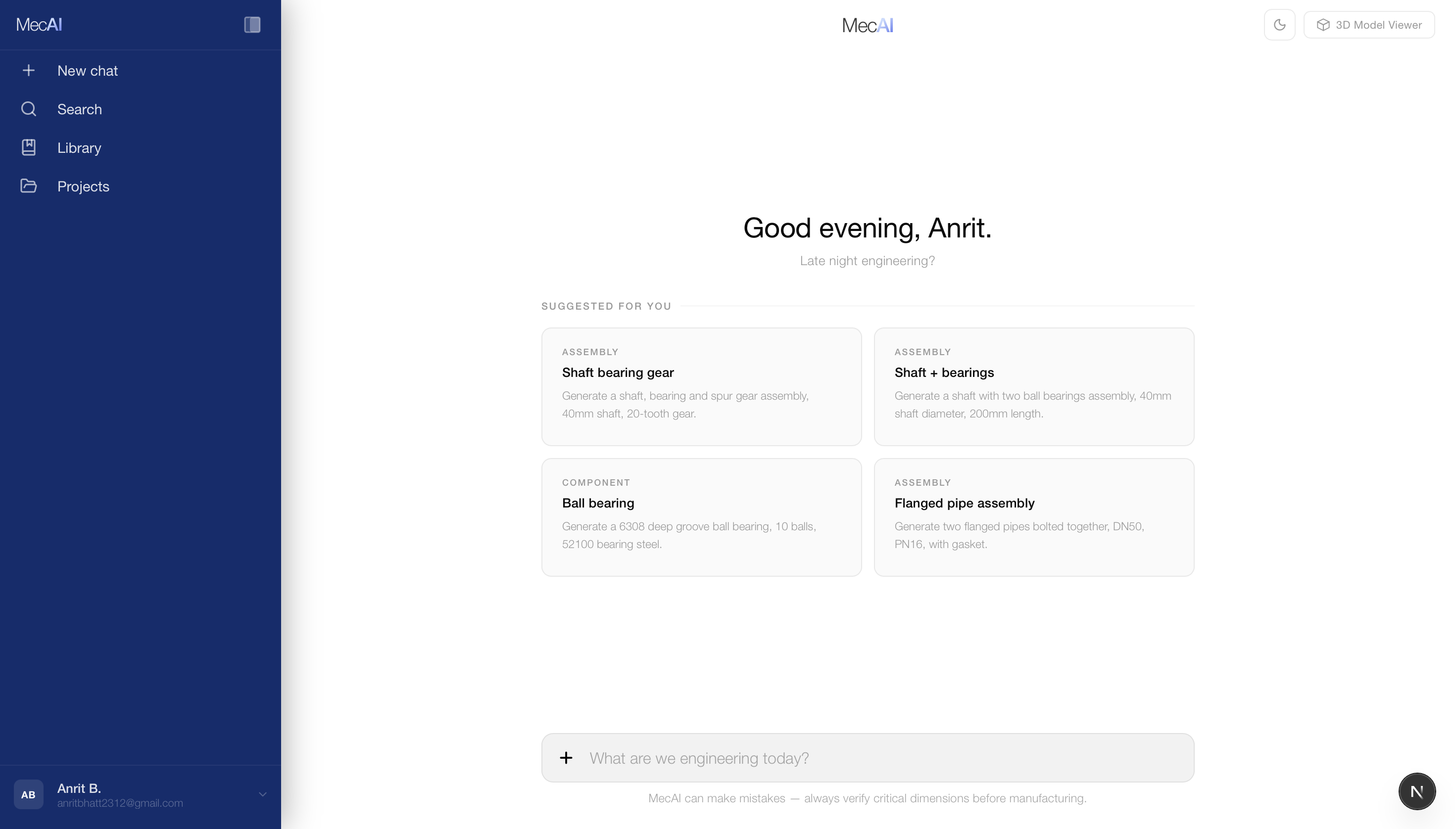 MecAI home screen with suggested prompts
