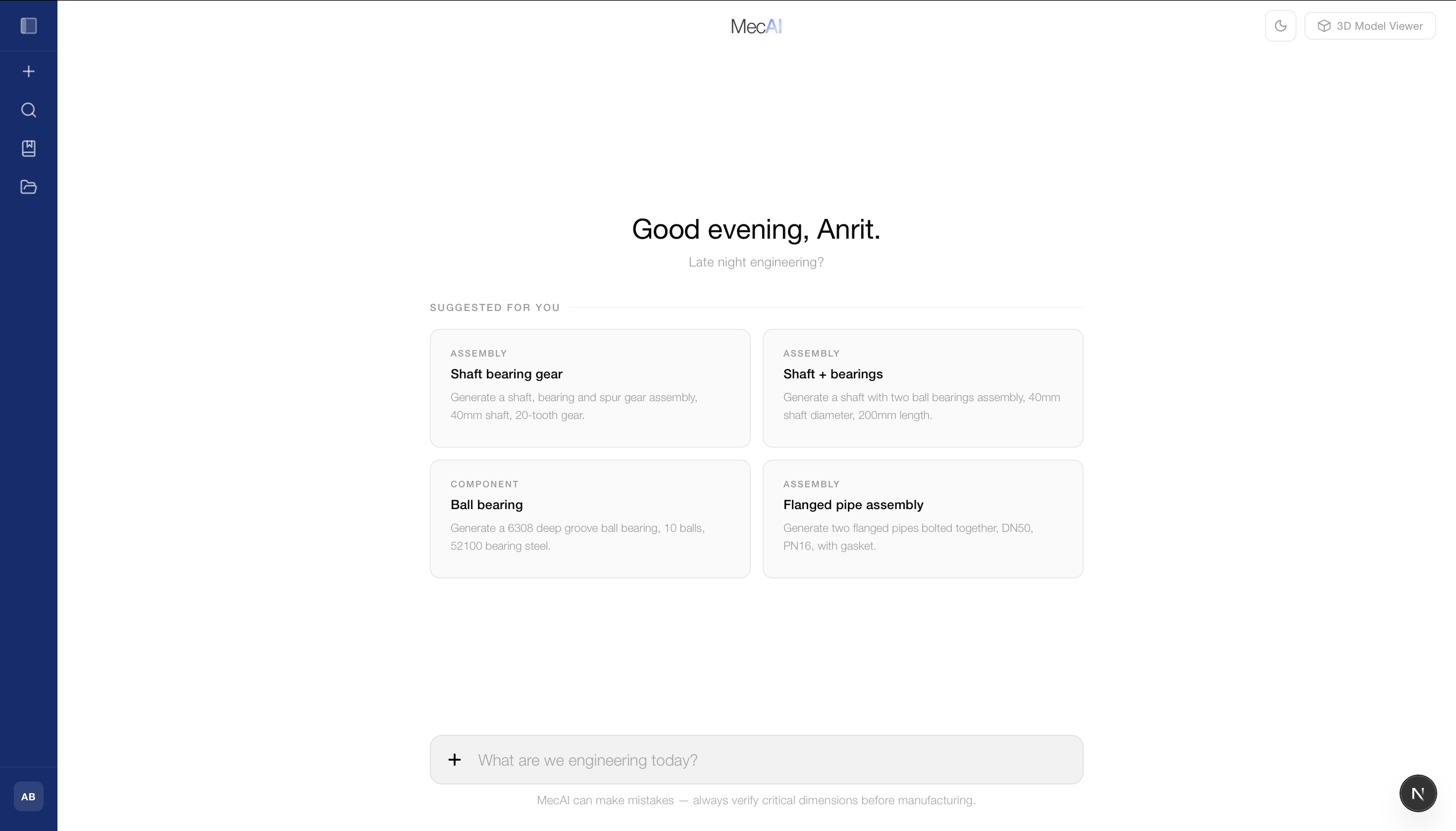 MecAI with the sidebar collapsed to icons